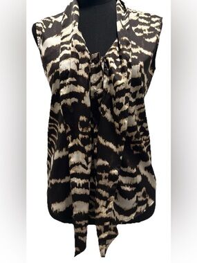 Calvin Klein Women's Sleeveless Brown/Cream Blouse, Tie & Button Front, Size XS